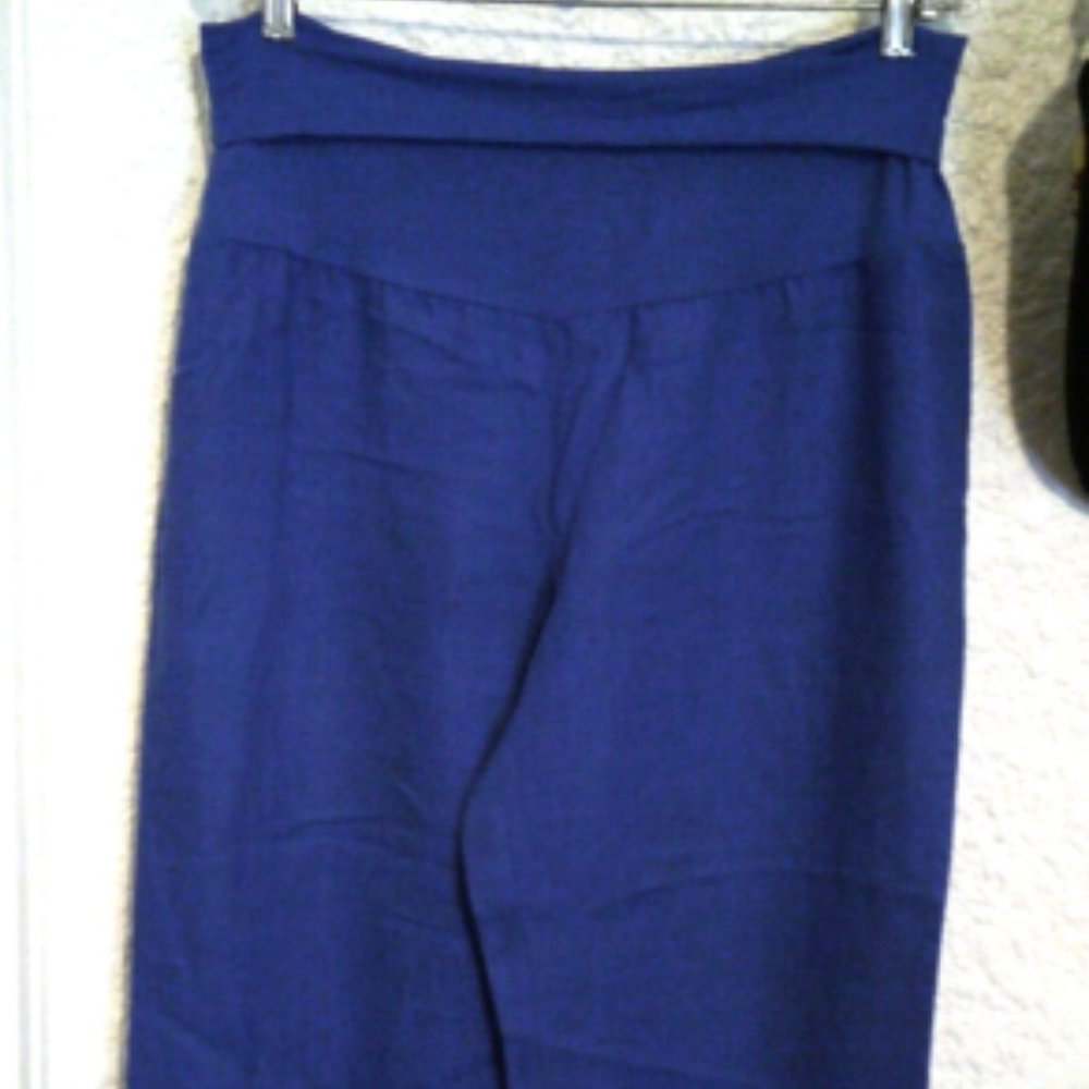 INC International Concepts Beach Blue Linen Foldover Pull On Wide Leg Pants Sz 1